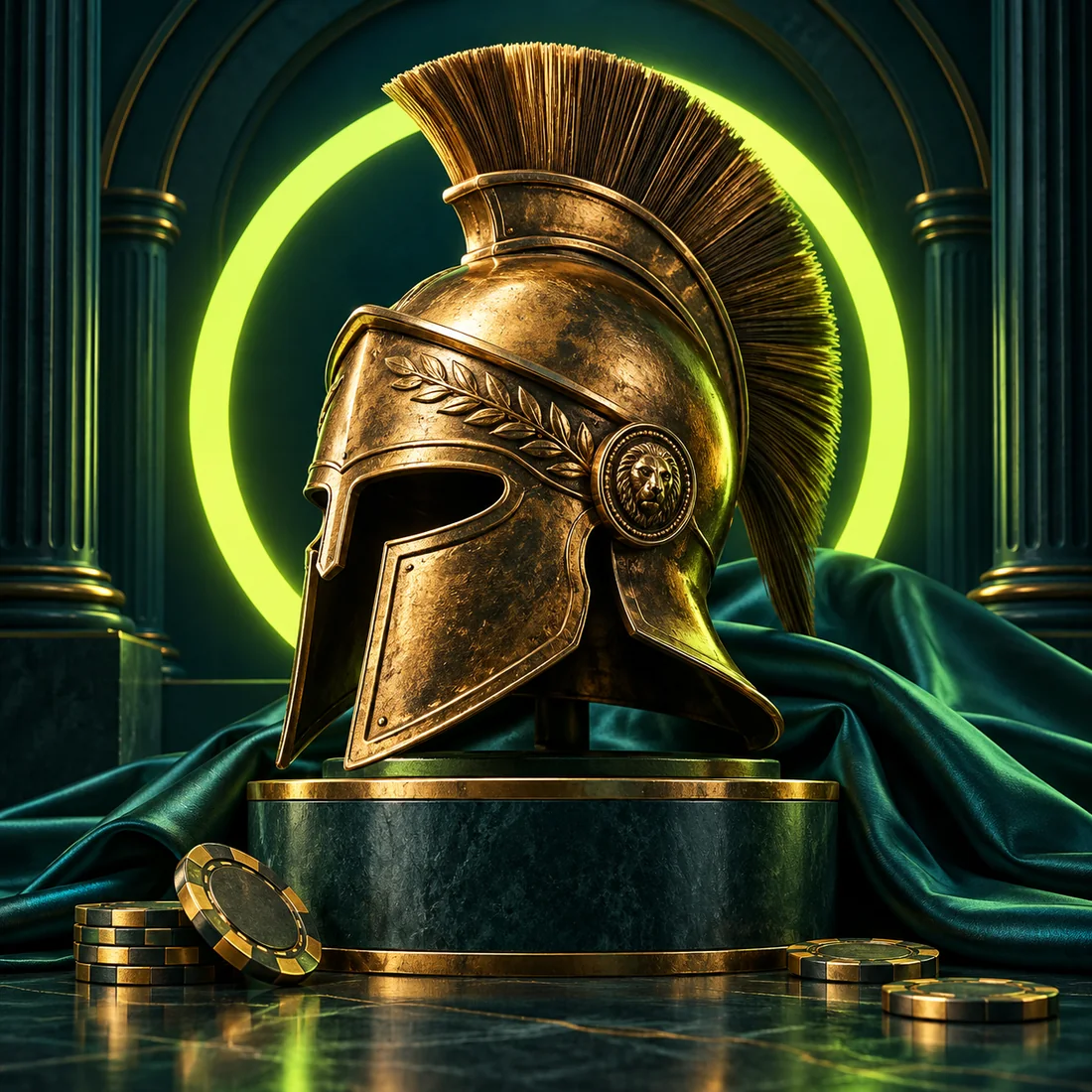 Ilustração de um elmo romano de bronze, enquadrado por um arco luminoso sobre fundo verde-petróleo